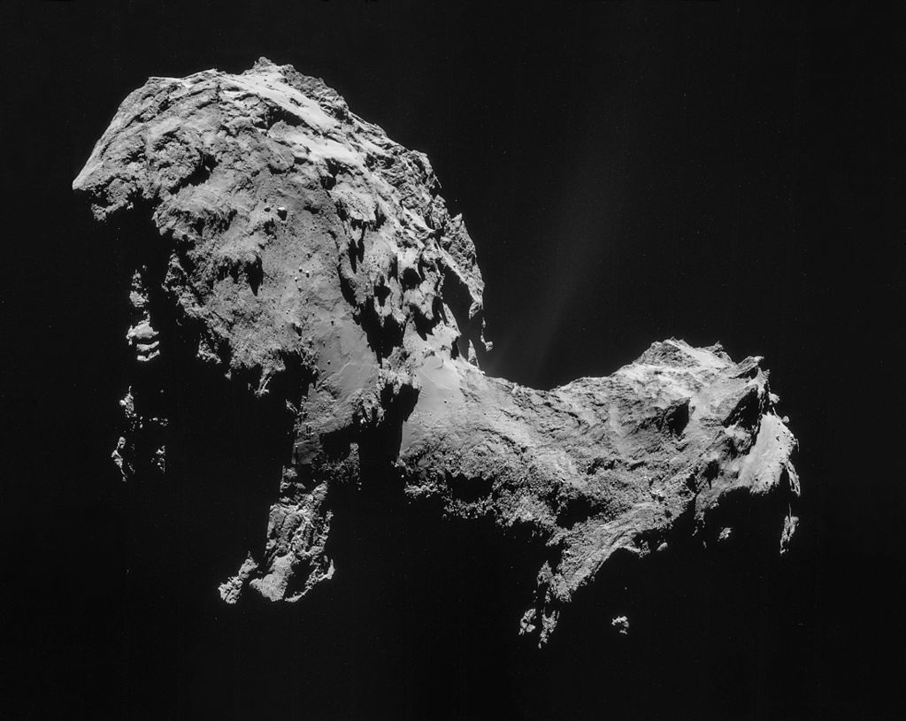 Mosaic of four images taken by Rosetta's navigation camera in 2014 of comet 67P/Churyumov–Gerasimenko.