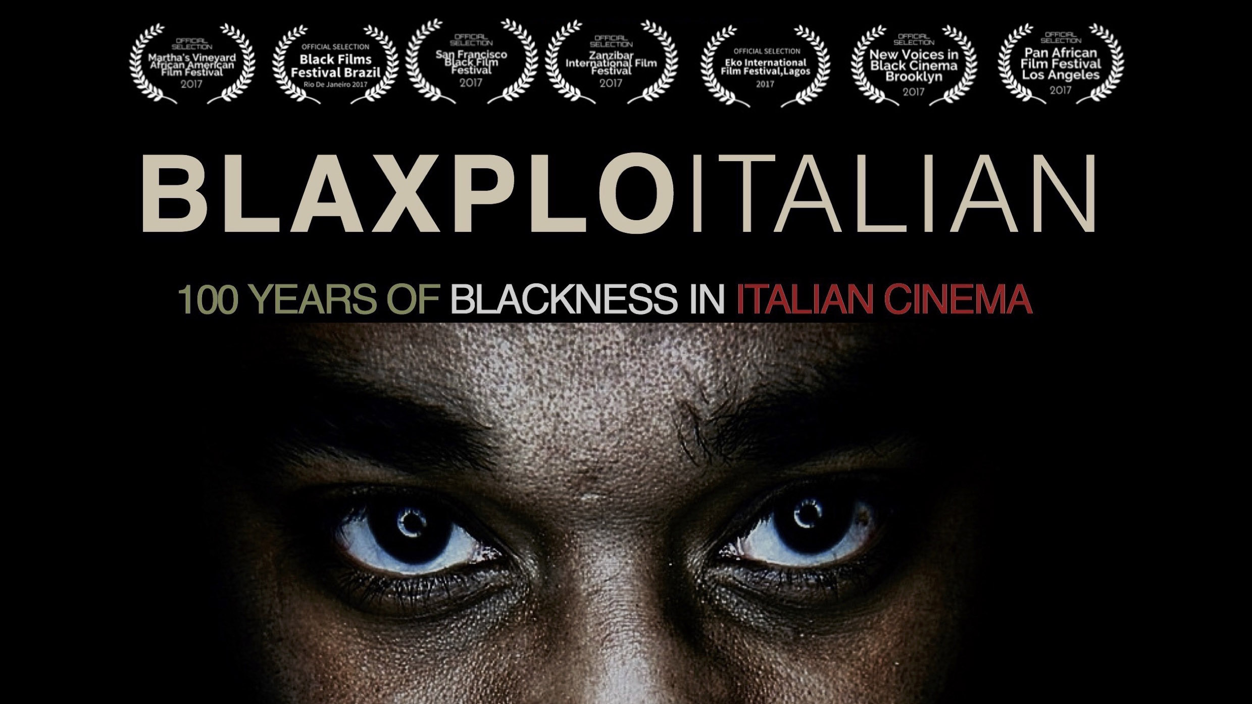 "Blaxploitalian" movie poster with a Black man's face and a black background.