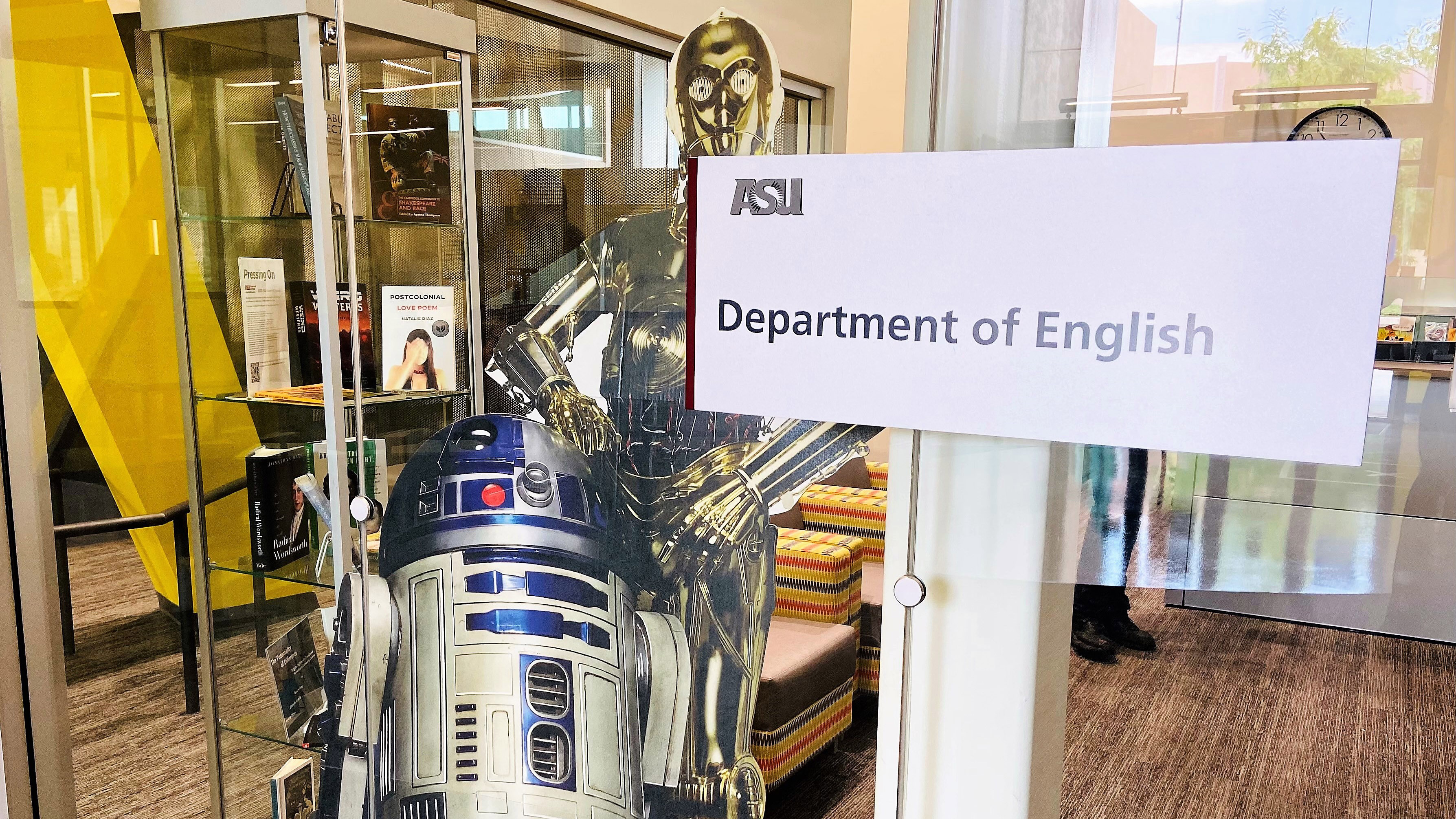 Life-sized cutouts of C-3PO and R2-D2 at the ASU Department of English.