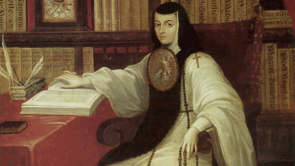 Painting of Sor Juana Ines de la Cruz sitting at at desk in a library.