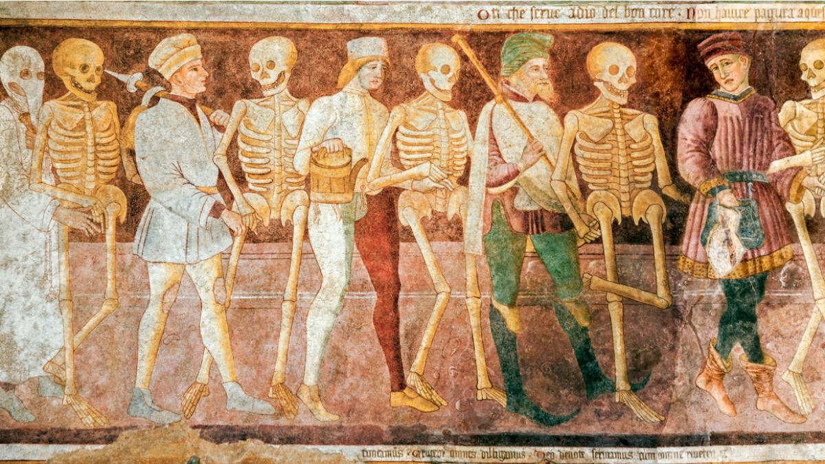 Illustration of the Black Plague with skeletons and men mingling together.
