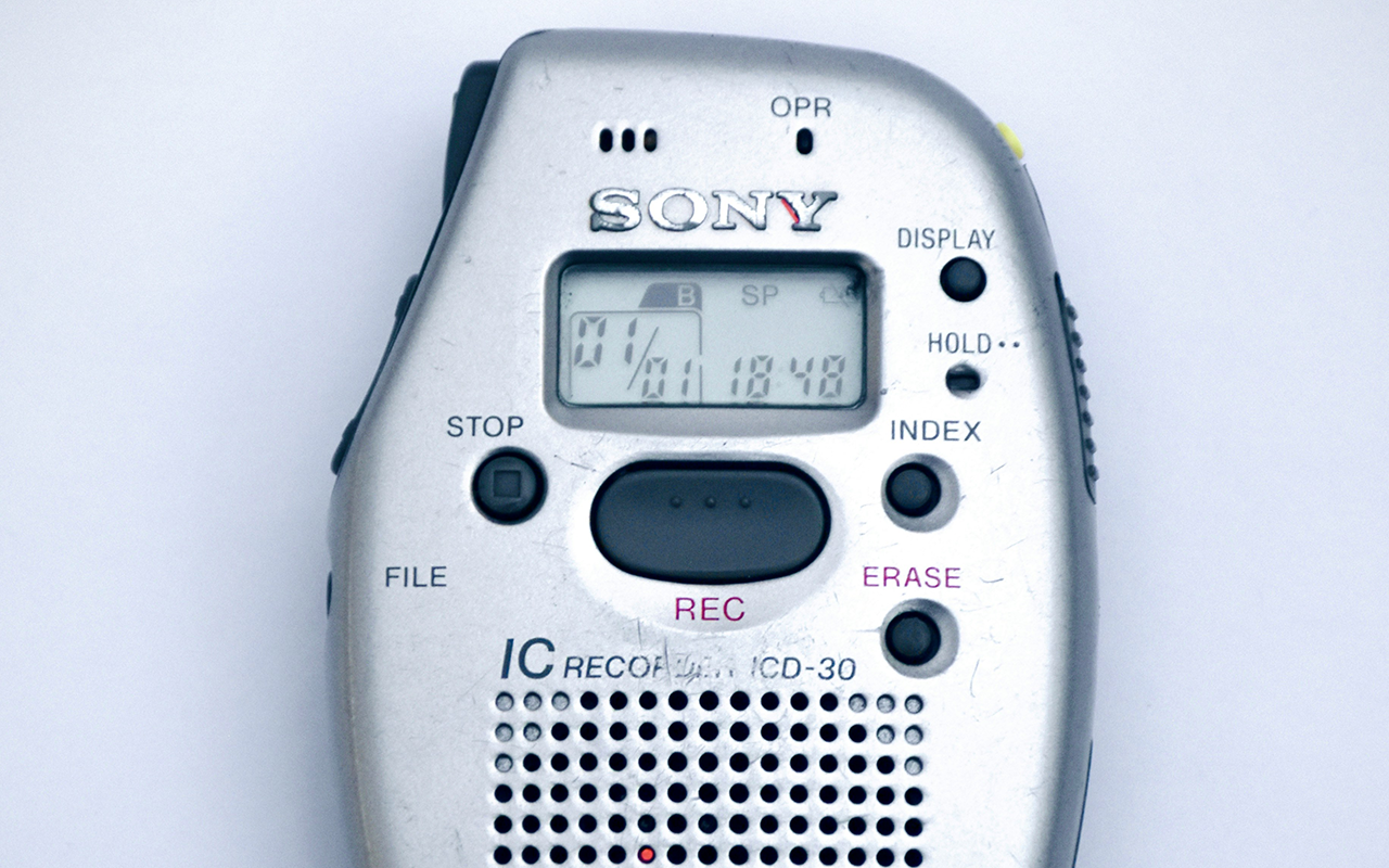 Close-up of hand-held Sony voice recorder